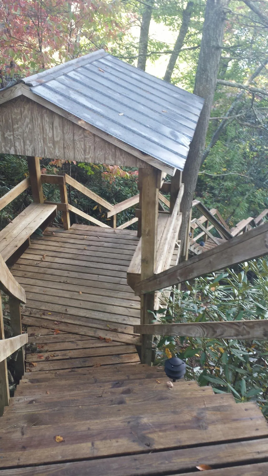 Metal roofed shelter over wooden steps on a wooded walkway — Skylight Repair & Installation work by our crew in Stedman